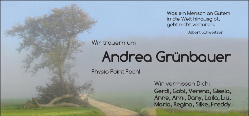  Traueranzeige für Andrea Grünbauer vom 31.12.2021 aus GE