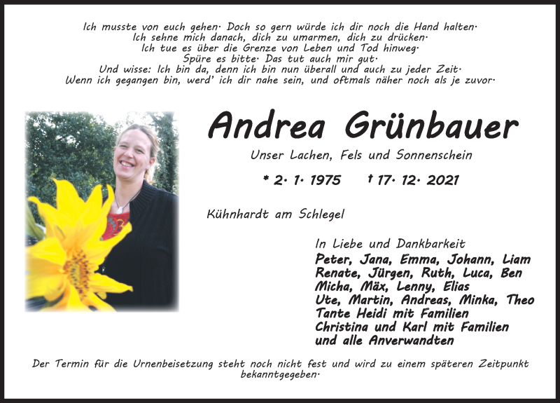  Traueranzeige für Andrea Grünbauer vom 22.12.2021 aus Dinkelsbühl/ Feuchtwangen