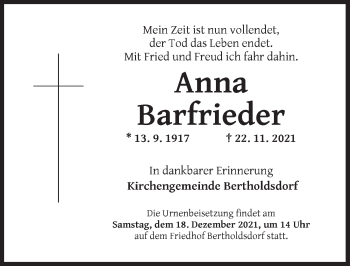 Traueranzeige von Anna Barfrieder von Ansbach