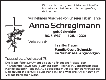 Traueranzeige von Anna Schreglmann von Ansbach