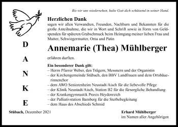 Traueranzeige von Annemarie Mühlberger von Neustadt/ Scheinfeld/ Uffenheim