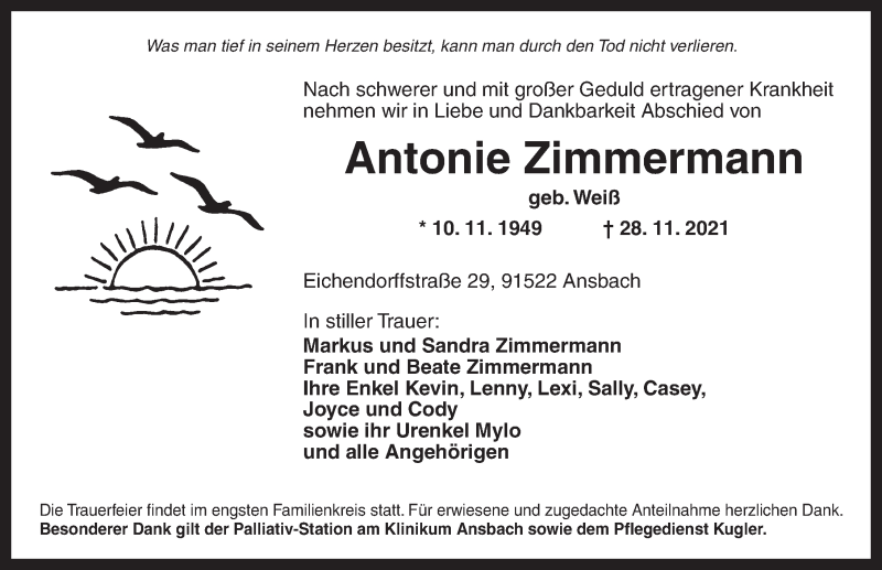  Traueranzeige für Antonie Zimmermann vom 01.12.2021 aus Ansbach