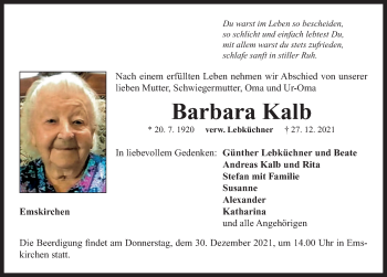 Traueranzeige von Barbara Kalb von Neustadt/ Scheinfeld/ Uffenheim