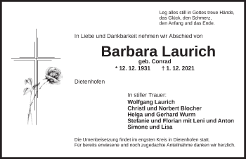 Traueranzeige von Barbara Laurich von Ansbach