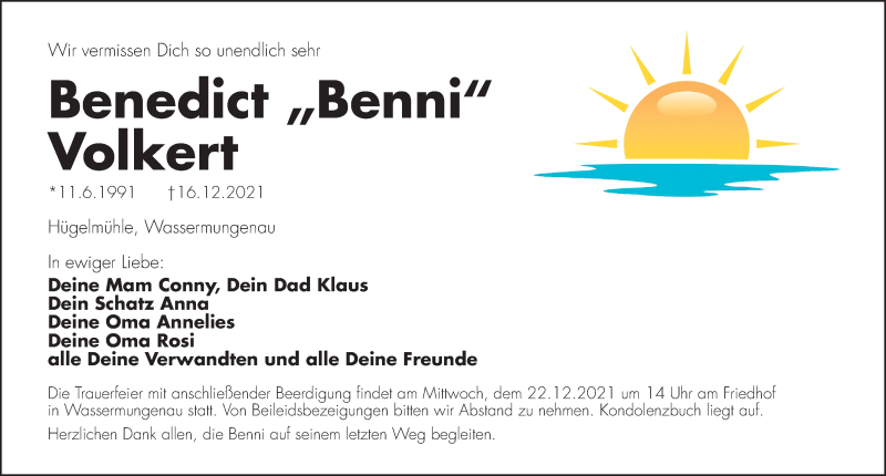  Traueranzeige für Benedict Volkert vom 21.12.2021 aus Ansbach