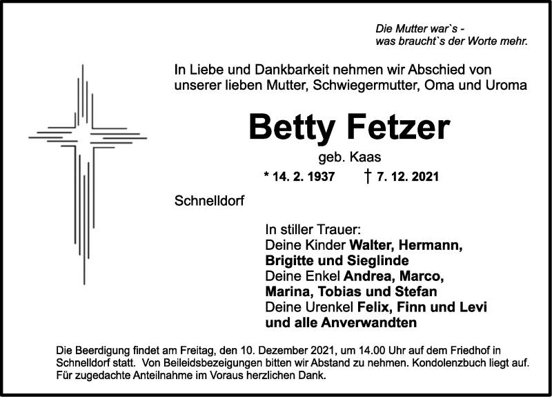  Traueranzeige für Betty Fetzer vom 09.12.2021 aus Dinkelsbühl/ Feuchtwangen
