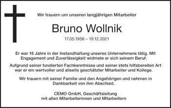 Traueranzeige von Bruno Wollnik von Dinkelsbühl/ Feuchtwangen