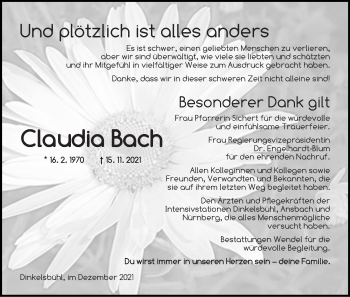 Traueranzeige von Claudia Bach von Dinkelsbühl/ Feuchtwangen