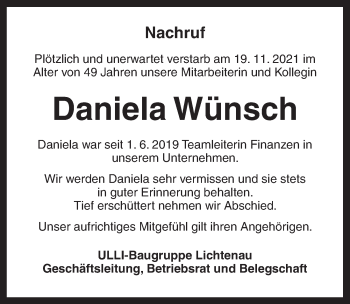 Traueranzeige von Daniela Wünsch von Ansbach