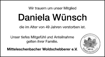 Traueranzeige von Daniela Wünsch von Ansbach