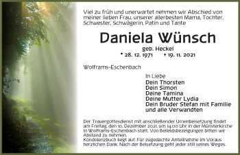 Traueranzeige von Daniela Wünsch von Ansbach