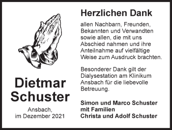 Traueranzeige von Dietmar Schuster von Ansbach