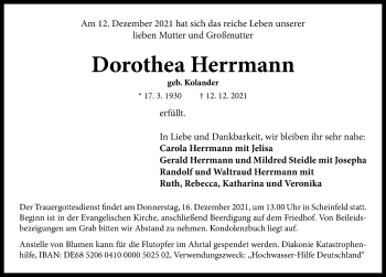 Traueranzeige von Dorothea Herrmann von Neustadt/ Scheinfeld/ Uffenheim