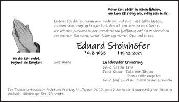 Traueranzeige von Eduard Steinhöfer von Ansbach