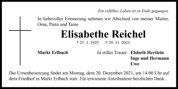 Traueranzeige von Elisabethe Reichel von Neustadt/ Scheinfeld/ Uffenheim