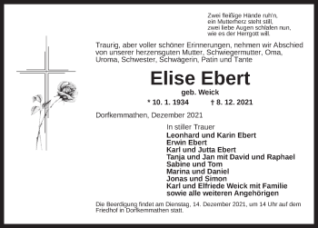 Traueranzeige von Elise Ebert von Dinkelsbühl/ Feuchtwangen