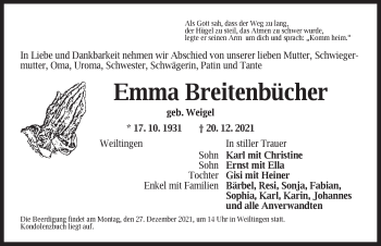 Traueranzeige von Emma Breitenbücher von Dinkelsbühl/ Feuchtwangen