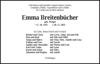 Traueranzeige von Emma Breitenbücher von Dinkelsbühl/ Feuchtwangen