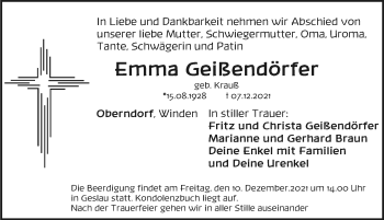 Traueranzeige von Emma Geißendörfer von Ansbach