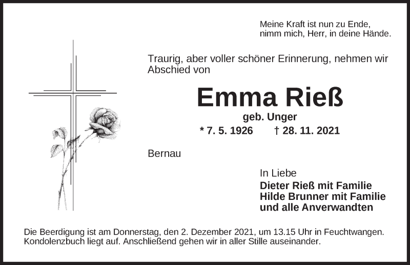  Traueranzeige für Emma Rieß vom 01.12.2021 aus Dinkelsbühl/ Feuchtwangen
