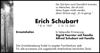 Traueranzeige von Erich Schubart von Neustadt/ Scheinfeld/ Uffenheim