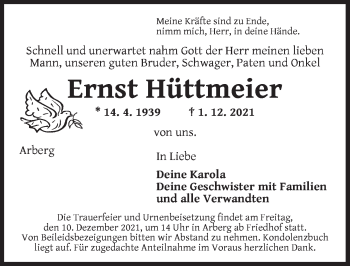 Traueranzeige von Ernst Hüttmeier von Dinkelsbühl/ Feuchtwangen