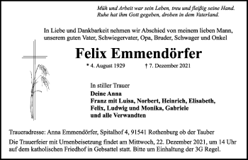 Traueranzeige von Felix Emmendörfer von Rothenburg