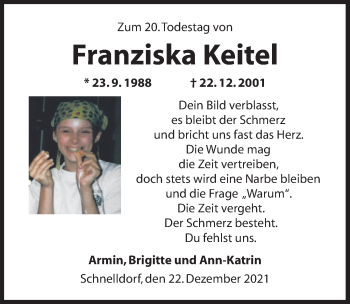 Traueranzeige von Franziska Keitel von Dinkelsbühl/ Feuchtwangen