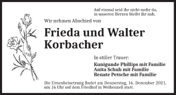 Traueranzeige von Frieda Korbacher von Ansbach