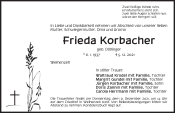 Traueranzeige von Frieda Korbacher von Ansbach