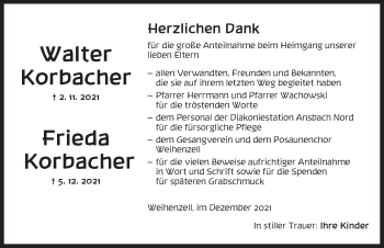 Traueranzeige von Frieda Korbacher von Ansbach