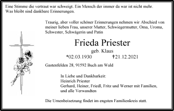 Traueranzeige von Frieda Priester von Ansbach