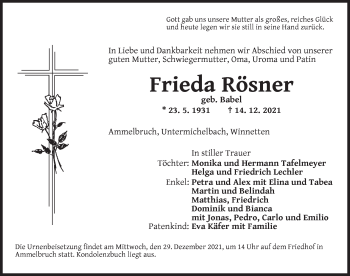 Traueranzeige von Frieda Rösner von Dinkelsbühl/ Feuchtwangen