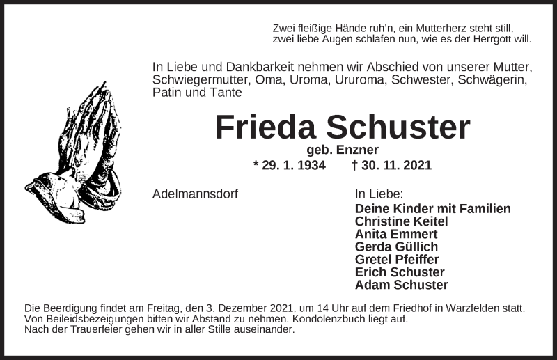  Traueranzeige für Frieda Schuster vom 02.12.2021 aus Ansbach
