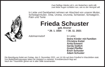 Traueranzeige von Frieda Schuster von Ansbach