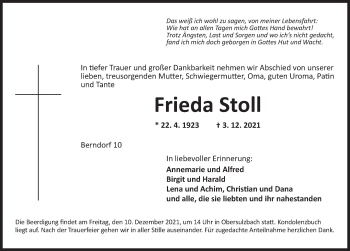 Traueranzeige von Frieda Stoll von Ansbach