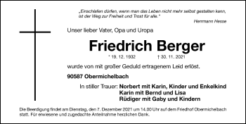 Traueranzeige von Friedrich Berger von Neustadt/ Scheinfeld/ Uffenheim