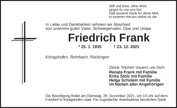 Traueranzeige von Friedrich Frank von Dinkelsbühl/ Feuchtwangen