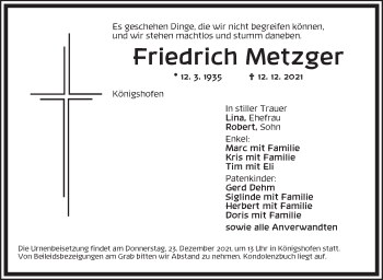 Traueranzeige von Friedrich Metzger von Dinkelsbühl/ Feuchtwangen