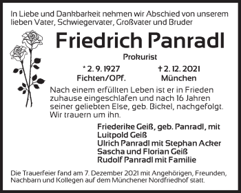 Traueranzeige von Friedrich Panradl von Dinkelsbühl/ Feuchtwangen