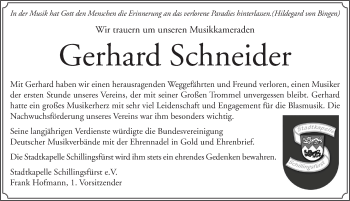 Traueranzeige von Gerhard Schneider von Rothenburg