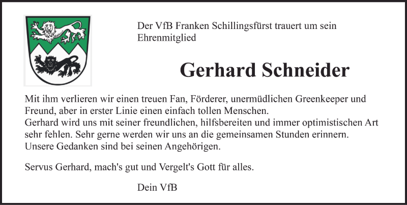  Traueranzeige für Gerhard Schneider vom 31.12.2021 aus Rothenburg