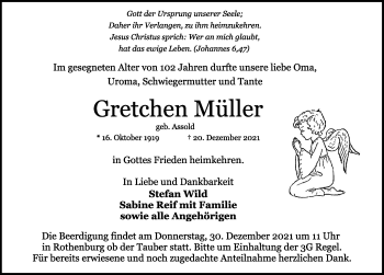 Traueranzeige von Gretchen Müller von Rothenburg