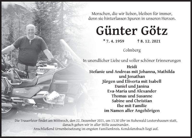  Traueranzeige für Günter Götz vom 18.12.2021 aus Ansbach