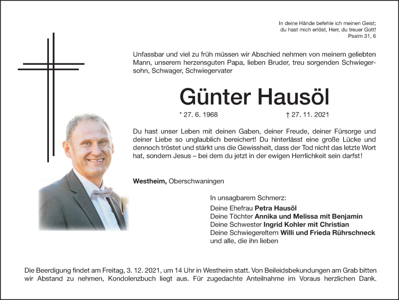  Traueranzeige für Günter Hausöl vom 01.12.2021 aus Dinkelsbühl/ Feuchtwangen