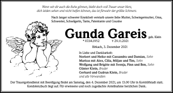 Traueranzeige von Gunda Gareis von Neustadt/ Scheinfeld/ Uffenheim