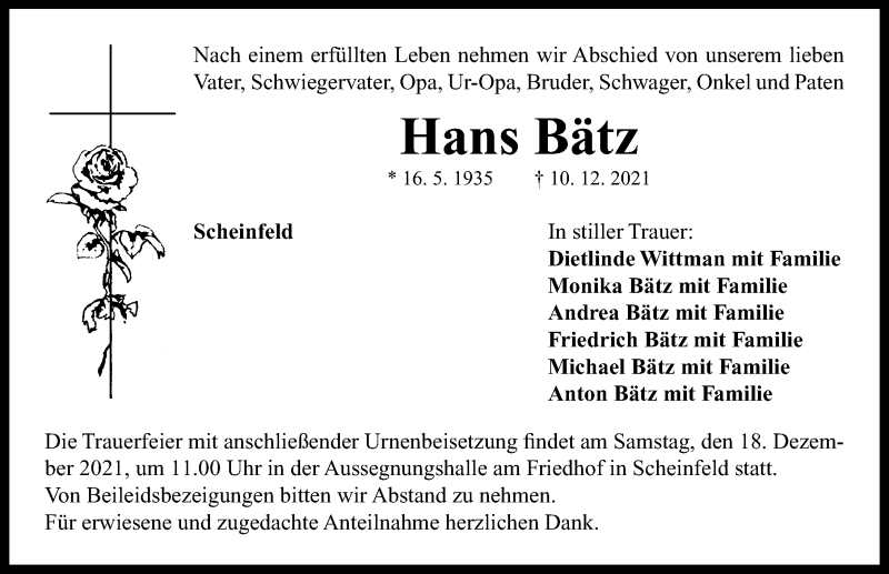  Traueranzeige für Hans Bätz vom 16.12.2021 aus Neustadt/ Scheinfeld/ Uffenheim