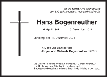 Traueranzeige von Hans Bogenreuther von Ansbach