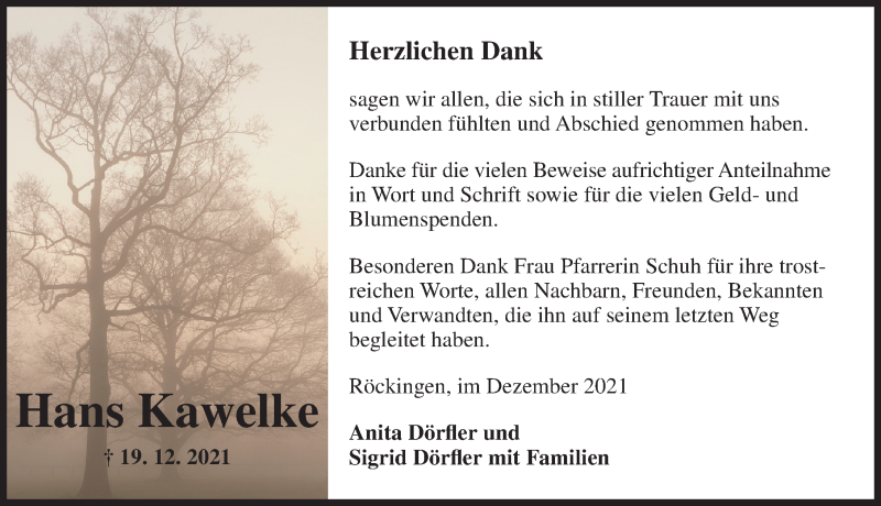  Traueranzeige für Hans Kawelke vom 31.12.2021 aus Dinkelsbühl/ Feuchtwangen