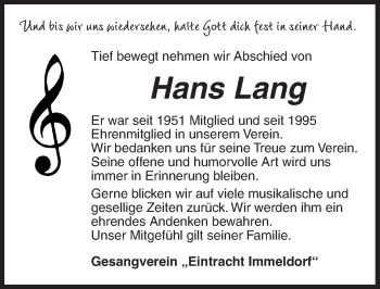 Traueranzeige von Hans Lang von Ansbach